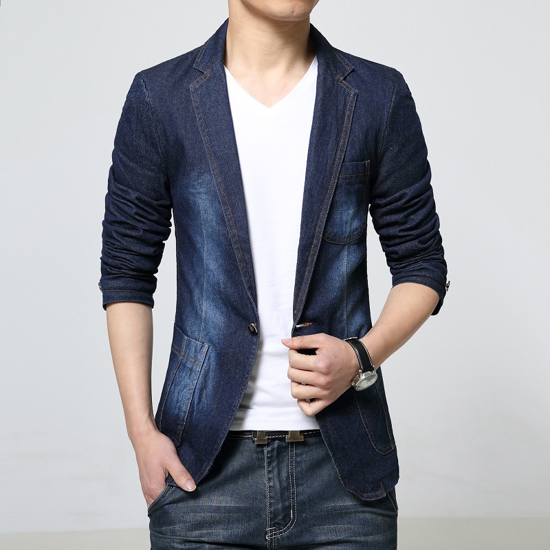 Spring New Men's One Button Denim Suit Korean Style Slim Fit Men's Large Size Denim Suit Top Big Goods