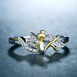 热卖新款小精灵分色戒指 女欧美镶钻镀14k黄金天使指环