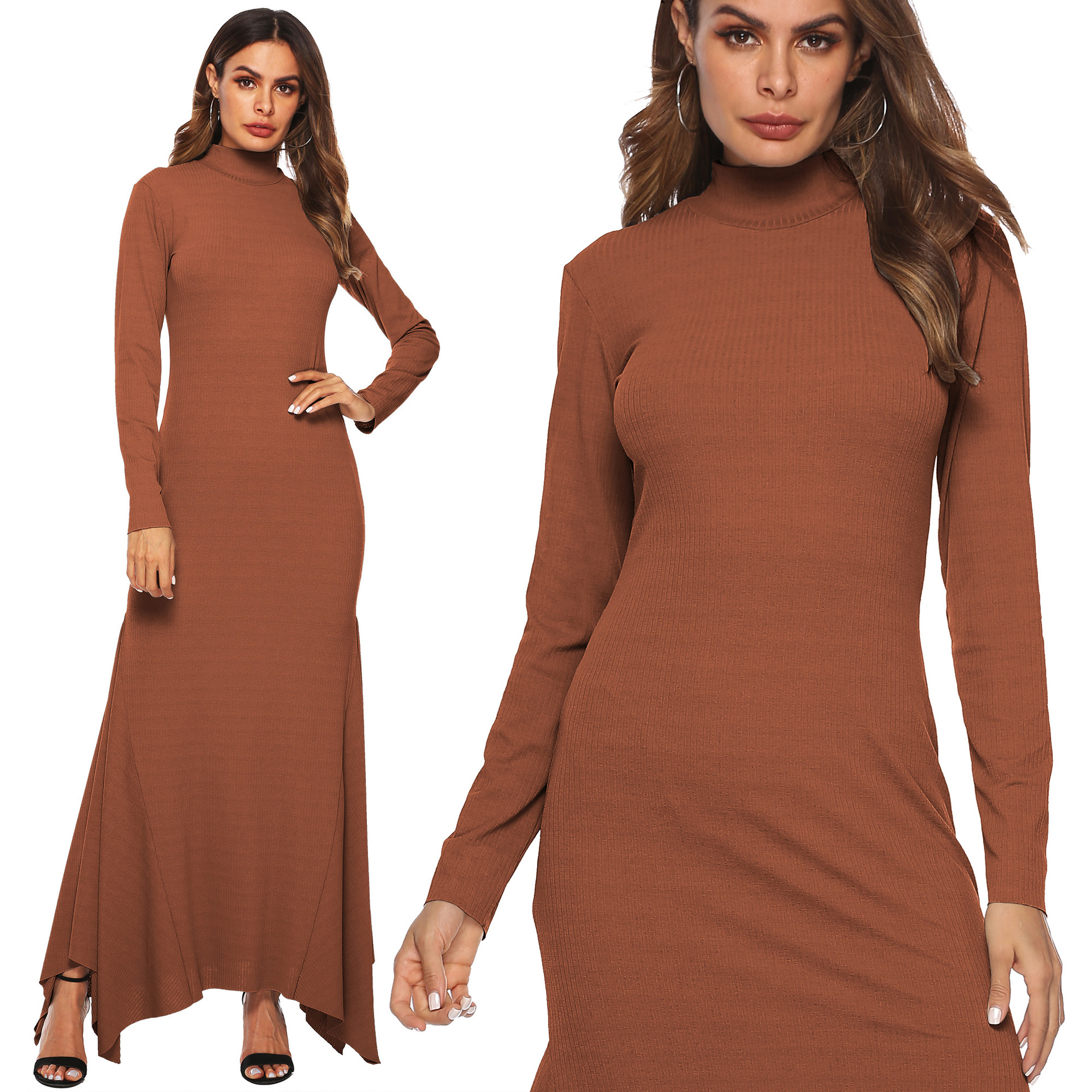 High Stretch Ribbed Turtleneck Fishtail Maxi Dress Slim Fit Asymmetrical Hem Elegant Style Wholesale Available