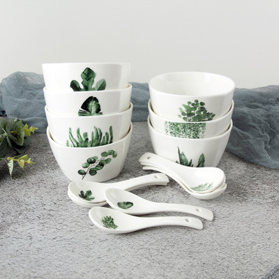 4.5寸北欧ins陶瓷汤碗米饭绿叶植物小清新汤勺乔迁送礼酱碟可定制