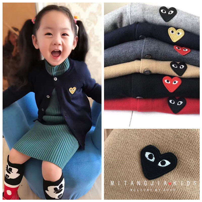 艾奴丹男童女童羊毛针织开衫春秋中大童宝宝爱心刺绣毛衣外套潮