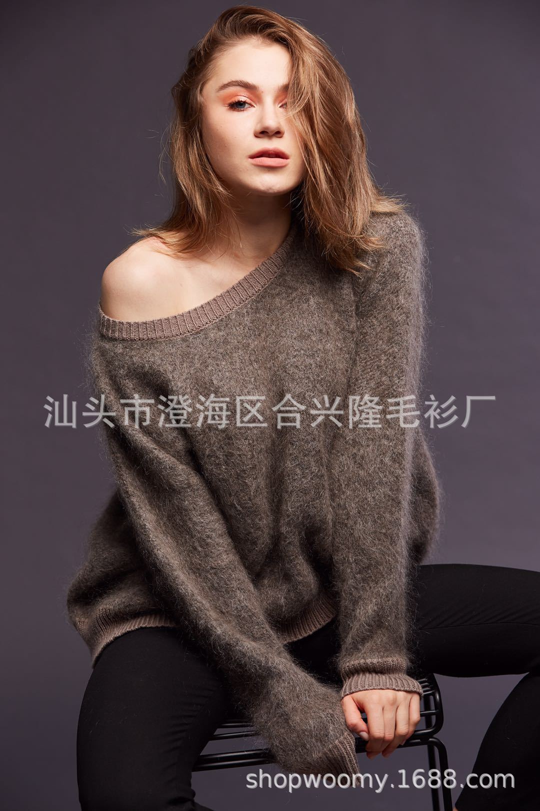 2018秋冬经典款宽松超级羊绒马海毛长袖落肩毛衣潮 女