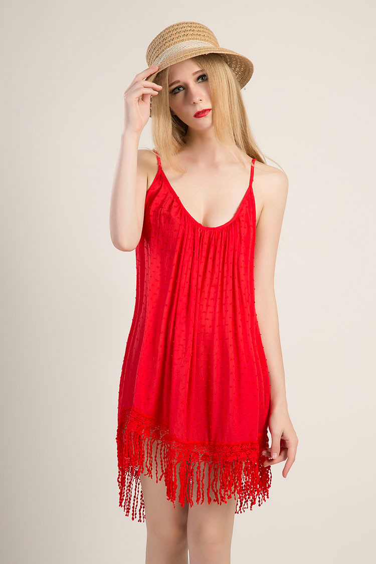 Cotton Lace Trimmed Tassel Dress Womens Sleeveless Beach Dress Lightweight Comfortable Summer Wear Wholesale