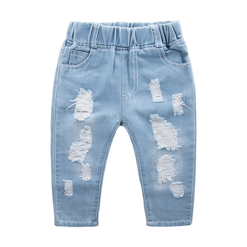 2018 new autumn children's clothing, boys and girls fashionable pants, baby light-colored ripped denim trousers, trendy for small and medium-sized children