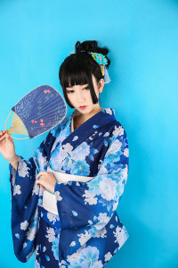 Japanese kimono bathrobe women’s blue Camellia ironless wrinkle resistant improved kimono formal traditional kimono