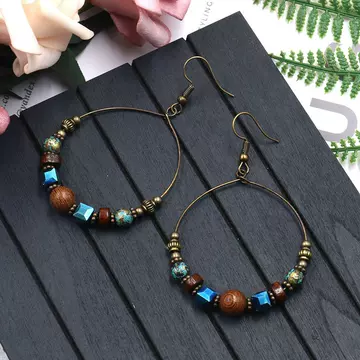 Round Earrings Creative Wood Bead Turquoise Accessories - ShopShipShake