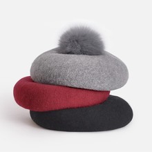 贝雷帽女冬韩版纯色画家帽羊毛针织帽狐狸毛球毛线帽甜美保暖时尚