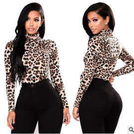 亚马逊2024秋季新品高领欧美跨境供应热卖数码时尚豹纹长袖t恤