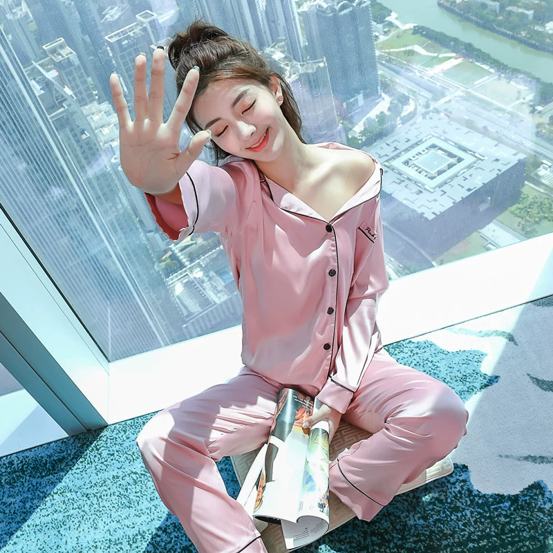 Демисезонный pijama с вышивкой, тонкая летняя рубашка длинный рукав, шелковый комплект, домашняя одежда