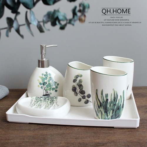 Bathroom Set of 5 Pieces Nordic Green Plant Ceramic Toothbrush and Toothpaste Set, Bathroom Supply Set, Wedding Toothbrush and Toothpaste Set