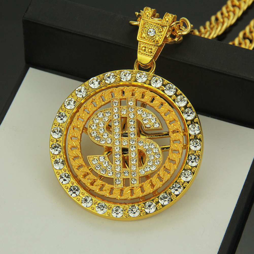 European and American hip-hop diamond-studded dollar rotating pendant necklace
