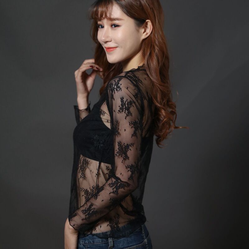 Spring New Cross-border Women's Top Long-sleeved Mesh Clothes Women's Korean-style Lace Shirt Embroidered Mesh Base Shirt