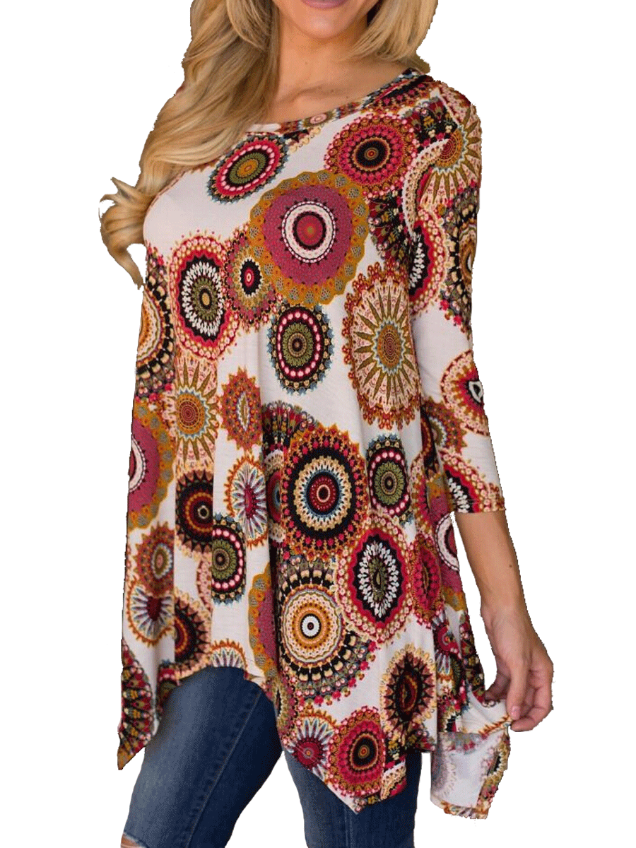 Digital Print Irregular Hem Loose T Shirt 3 4 Sleeve S XL Casual Style Wholesale Available bulk order
