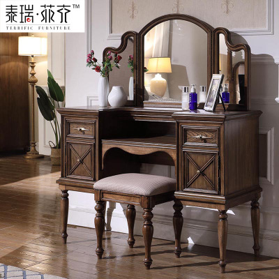 厂价直销简美实木梳妆台卧室化妆台简欧三折镜妆台组合美式时尚风|ru