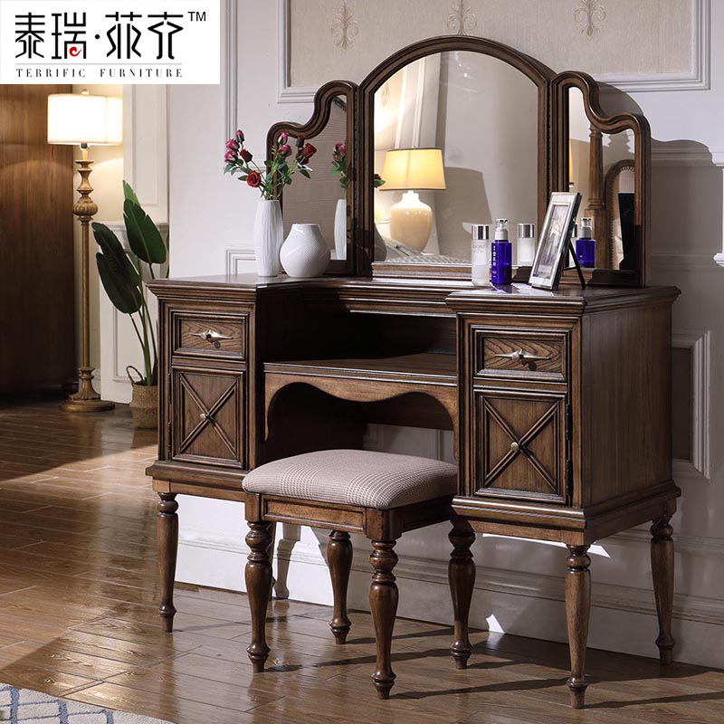 厂价直销简美实木梳妆台卧室化妆台简欧三折镜妆台组合美式时尚风|ru