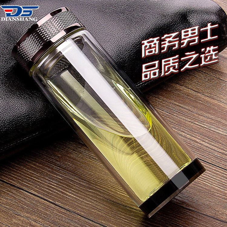 高档精品玻璃杯黑色水晶底钻石精品盖双层真空保温玻璃中长杯口杯|ms