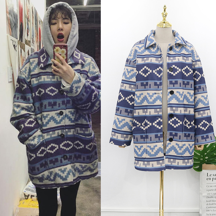 Kim Hyun Ya INS Same item Jacquard weave Single breasted Lapel Korean Edition temperament Woolen coat 2019 Autumn new women