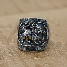 厂家批发925纯银饰品男个性瑞兽麒麟开口戒指泰银复古潮人食指环