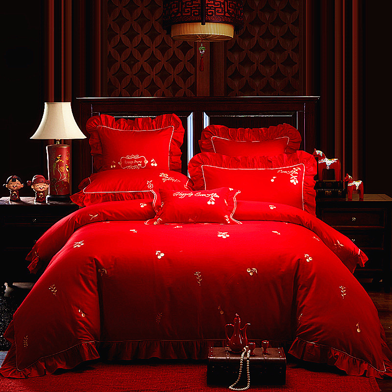 Manufactor Direct selling Bedclothes high-grade Cotton satin Embroidery Wedding celebration Four piece suit sheet Bed covers Multiple sets of wholesale