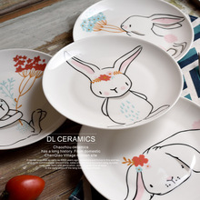 創意北歐盤子簡約卡通可愛兔子圖案陶瓷餐具圓形菜盤牛排盤8寸