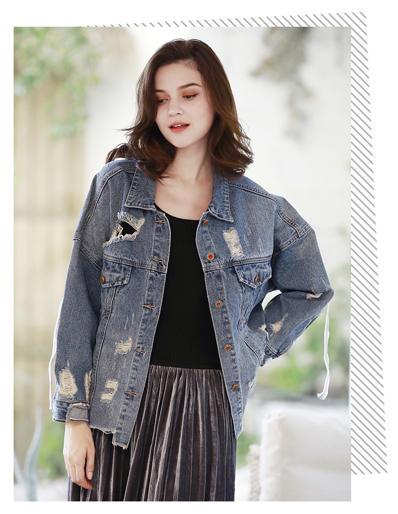 Loose Denim Ribbon Ripped Jacket NSDT12495