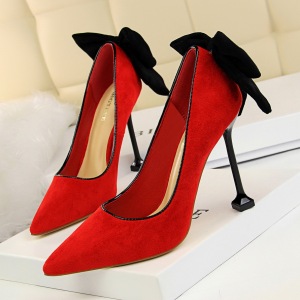 Korean sexy thin high heeled shoes women’s shoes thin heeled high heeled suede shallow mouth pointed bow single shoes