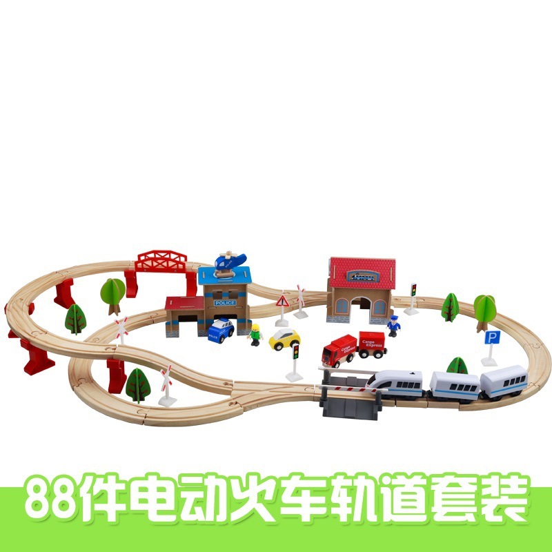 正品小火车88件桶装动力木制轨道火车 儿童汽车益智力玩具