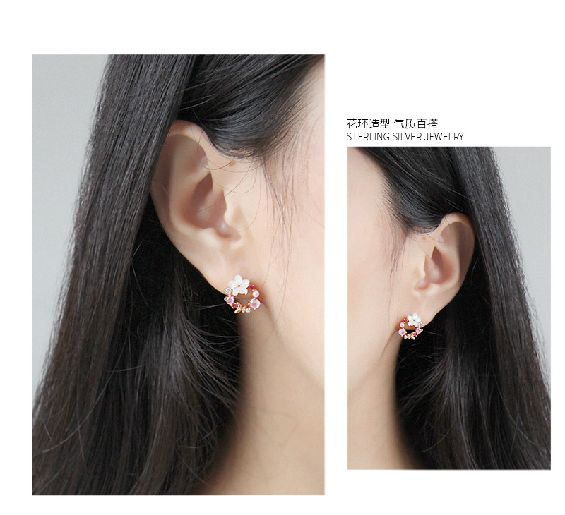 Korean Sterling Silver Zircon Crystal Shell Flower Earrings display picture 2