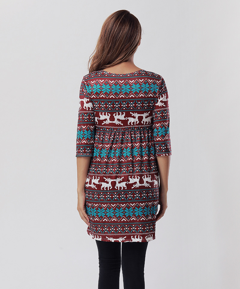 Christmas Reindeer Print Dress 3 4 Sleeve A Line Silhouette Comfortable Fabric Casual Holiday Wear Wholesale