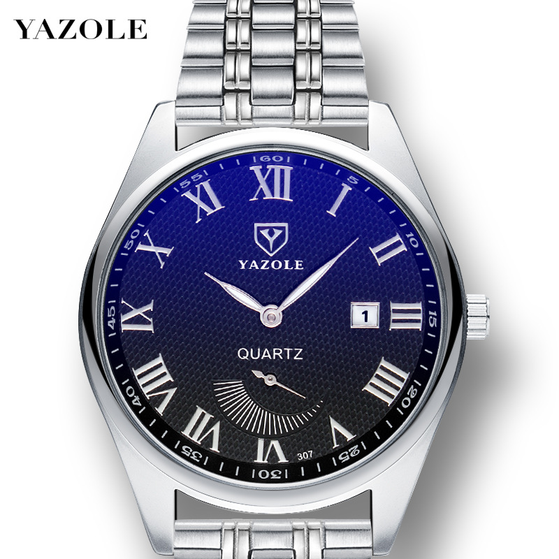 Yazole306 307 Two Hands Half Calendar Male Watch European And American Business Watch Luminous Watch Steel Belt Men's Watch