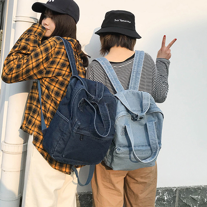 经典牛仔布双肩包女2019日韩新款学院风中学生书包大容量户外背包