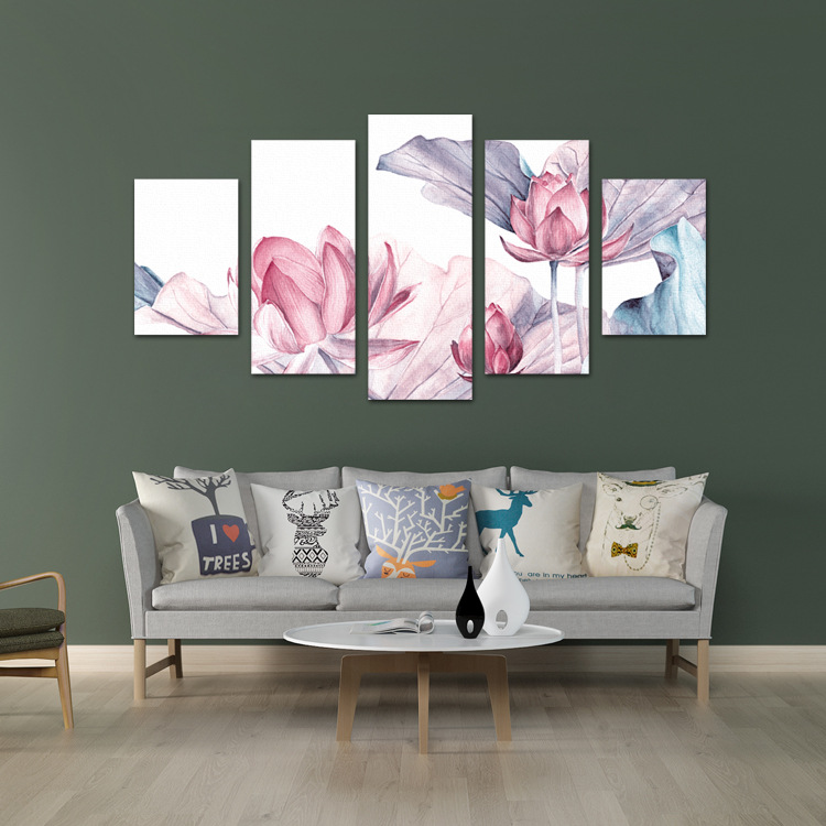 五联无框油画荷花组合客厅卧室装饰五拼油画中国风格家居装饰墙贴