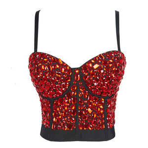 Women's Diamond bling jazz dance bra tops Trampy girl red nail bead bra sling female sexy vest Nail Drill bra