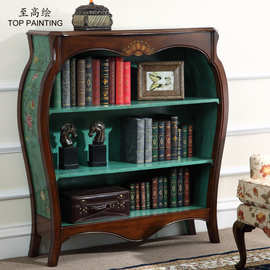 至高绘批发美式乡村实木书柜复古做旧彩绘书房家具收纳文件杂志柜