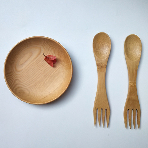 创意木勺日式竹制儿童卡通木勺子家用勺叉一体木质餐具搅拌勺
