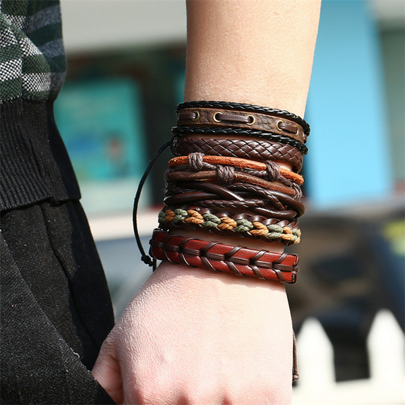 Holiday, Outdoor Occasion Leather Material Geometric Pattern Retro Geometric Leather Handmade Men'S Bracelets Men Cord & Leather Bracelets