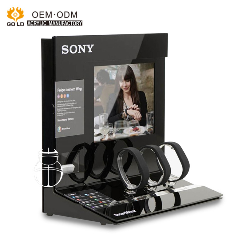 智能手表展示架黑色亚克力手表手环展架可播放高清LCD视频可防盗