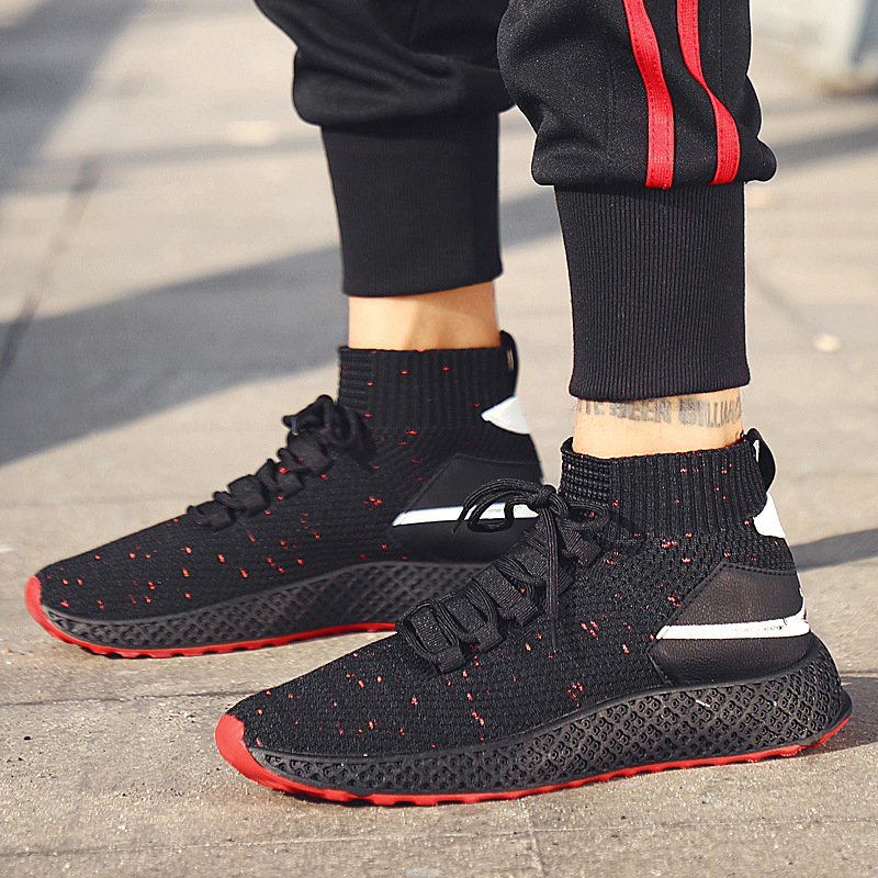 19爆款男鞋中帮袜子鞋运动休闲鞋黑色时尚耐磨细带学生跑步鞋韩版|ms