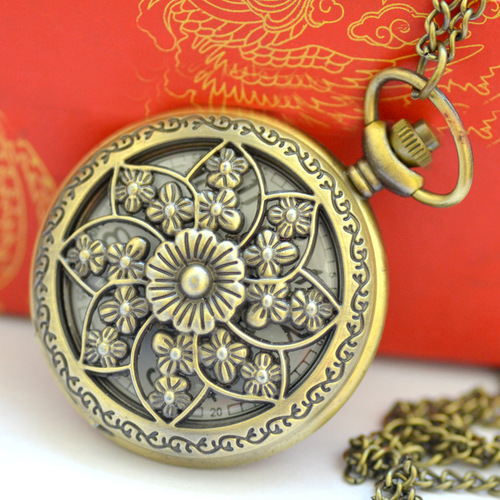 Rimless floral pattern cross-border large bronze color pocket watch, maple quartz pocket watch 8186