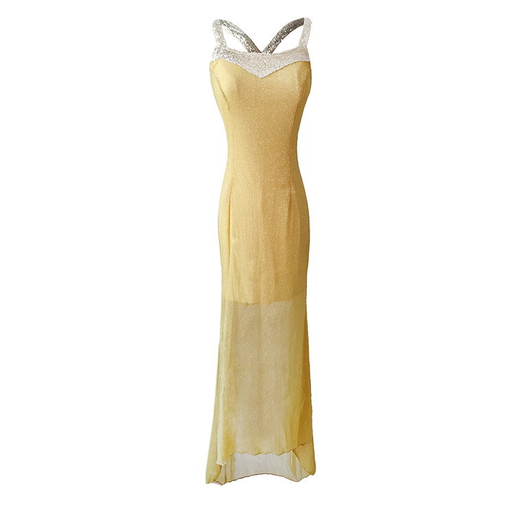 Women's V-Neck Sequin Trim Glitter Mermaid Maxi Dress, Sleeveless Formal Evening Party Gown_ecoleips.com