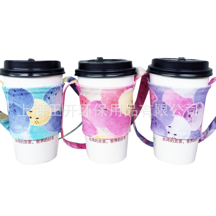 棉布饮料提袋进口棉麻可爱球球猫咪手工杯套奶茶咖啡手摇杯袋现货