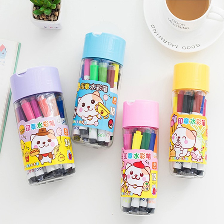 可擦洗水彩笔12色18色24色儿童套装（带个性印章）涂鸦绘画水彩笔|ms