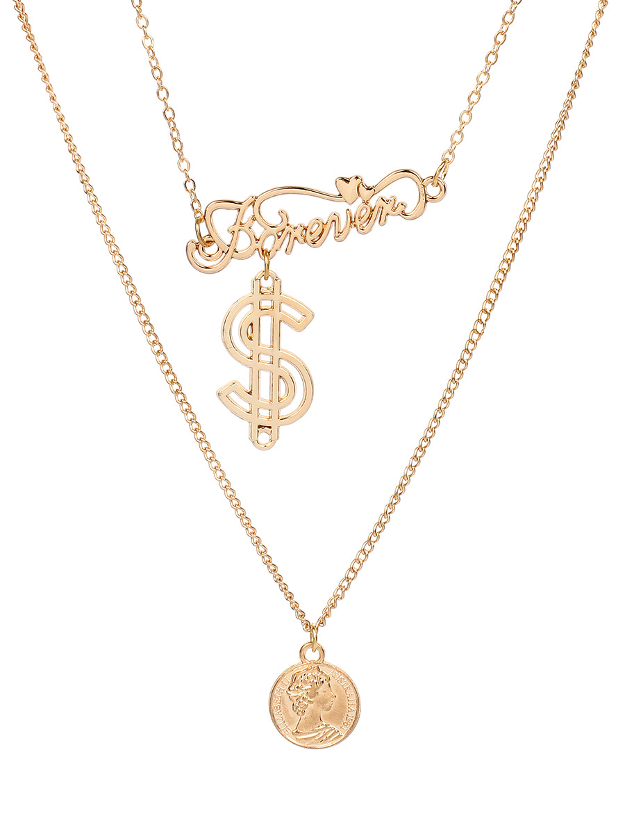 European And American Gold Beauty Head Necklace Dollar Symbol Dollar Logo Necklace English Letter Multilayer Collarbone Necklace display picture 4