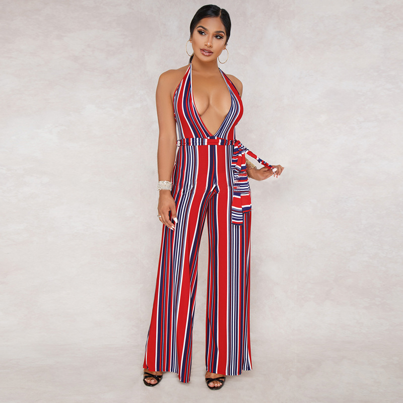 V-Neck Halter Striped Jumpsuit NSXYZ81584