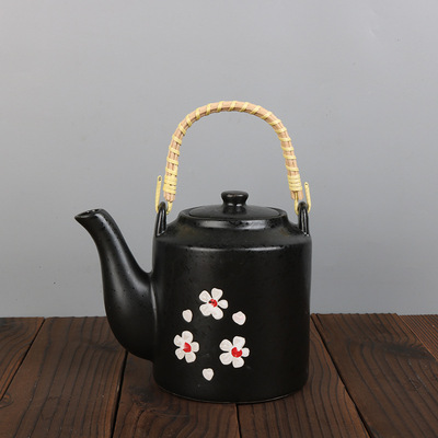 陶瓷提梁壶 可定制色釉黑色印花茶壶茶具 日式复古创意个性提梁壶|ms