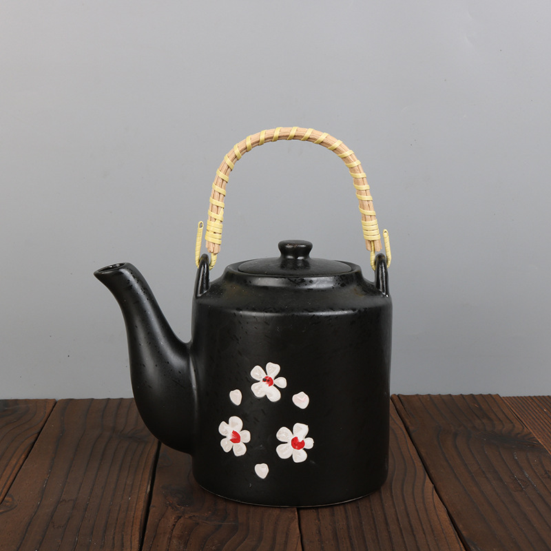 陶瓷提梁壶 可定制色釉黑色印花茶壶茶具 日式复古创意个性提梁壶|ms