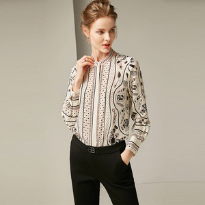 Summer women’s fashion round neck long sleeve silk printed slim versatile silk shirt