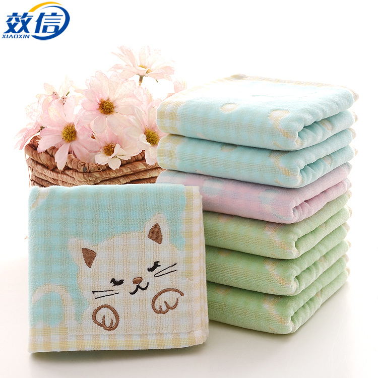 色织32S/2提花音符小猫童巾卡通儿童和萌妹洗脸巾加厚吸水可定做l