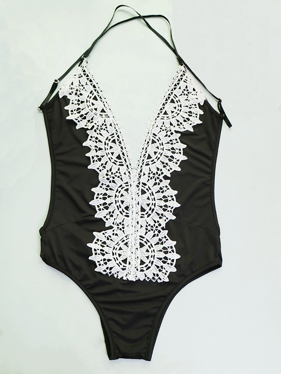 Sexy Deep V Lace Trim Jumpsuit Spliced Design Sleeveless Comfortable Fit Perfect for Beachwear or Pool Parties