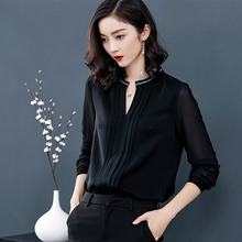 Áo sơ mi nữ mùa thu mới 2019 phiên bản Hàn Quốc của áo thun thêu cổ chữ V màu đen dài tay áo voan một thế hệ Áo voan ren